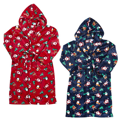 Kids UNISEX Christmas Super Soft Fleece Hooded Dressing Gown Ages 2-13 Years NEW