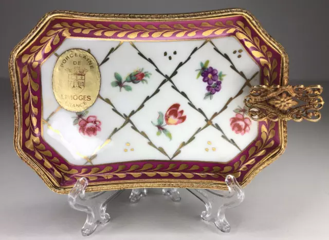 Vintage Limoges Porzellan Aschenbecher mit Messing Dekor Blumenmuster France