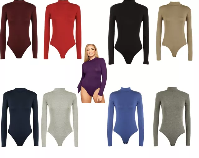 New Womens Plain Stretch Plunge V Neck Long Sleeve Leotard Bodysuit Top  8-14