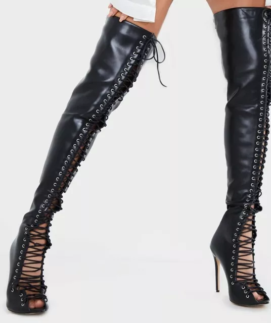 Bnib 5 Plt Black Lace Up Pu Over Knee Otk Thigh Clubbing Nightclub Boots