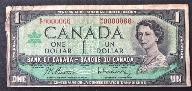 1967 Canada $1 Banknote, Centennial, Beattie/Rasminsky, Miscut, Serial Number.
