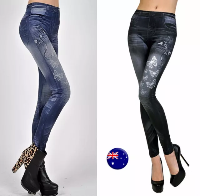 Women Faux Denim Jeans look Butterfly print Pencil Slim Leggings Jeggings Pants