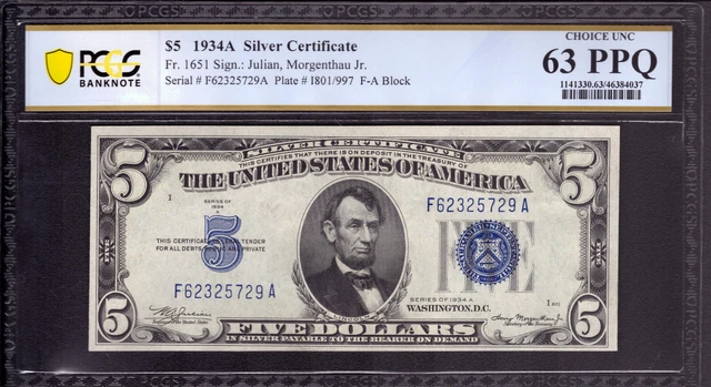 1934 A $5 Silver Certificate Note Currency Fr.1651 Fa Block Pcgs B Cu 63 Ppq