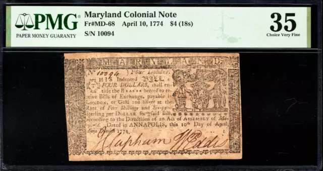 Maryland Colonial Note Fr#MD-68 April 10, 1774 $4 PMG 35