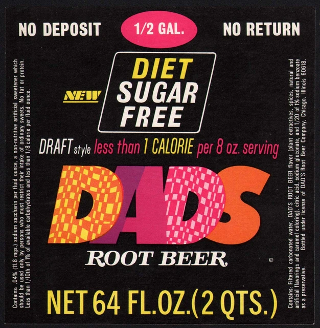 Vintage soda pop bottle label DADS DIET ROOT BEER 64oz half gallon unused n-mint