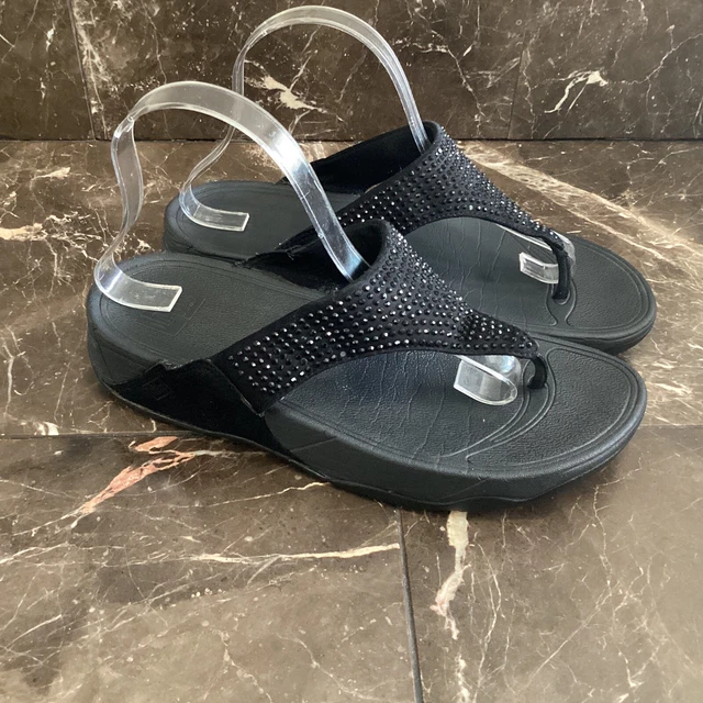FitFlop Lulu Thong Sandals Black Crystal Embellished Flip Flop Wedge Size 9