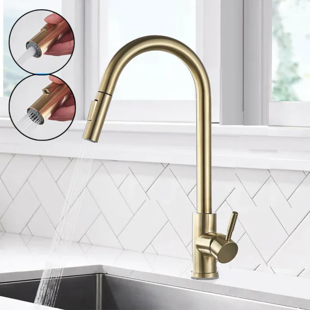Brushed Gold Kitchen Sink Mixing Tap 360°Swivel Pull Out Spray Taps Mixer Faucet