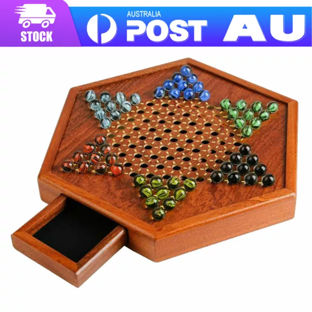 Wooden Chinese Checkers 12" Classic Board Game Set w/ Drawers & Glass Marbles I