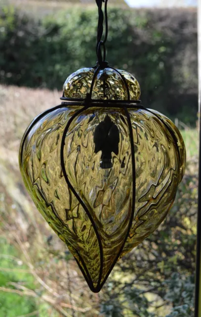 Venetian Blown Glass Caged Pendant Lantern Amber Colour