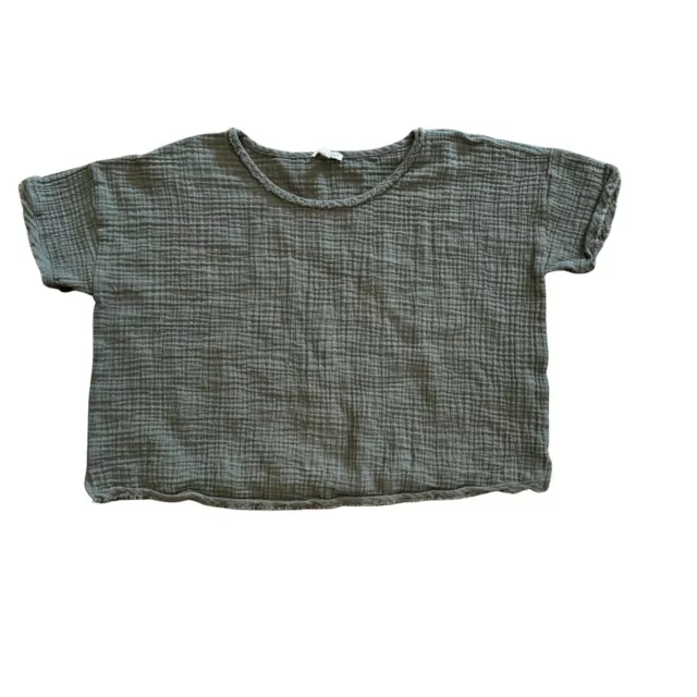 Eileen Fisher organic cotton gauze boxy crop top green raw hem size M waffle