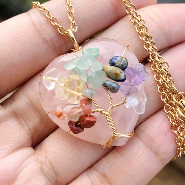 Rose Quartz Gem Tree Of Life Water-Drop Necklace Chakra Reiki Healing Amulet