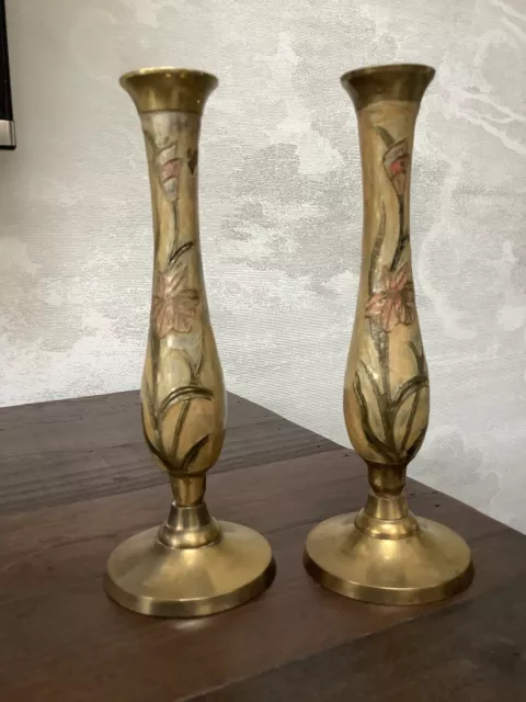 A Pair Of Vintage Brass Cloisonné Floral Vases / Candlestick Holders