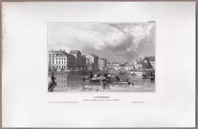 Stockholm, Schweden, Sverige - Ansicht mit Nordbrücke - Stich, Stahlstich 1839