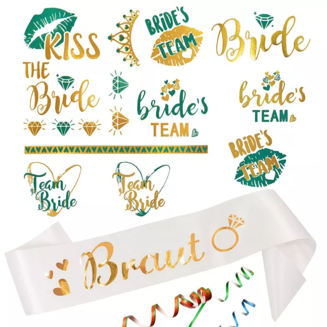 Braut Schärpe + Bride / Team Bride Tattoo Set JGA Hen Party Hochzeit Weiß Gold