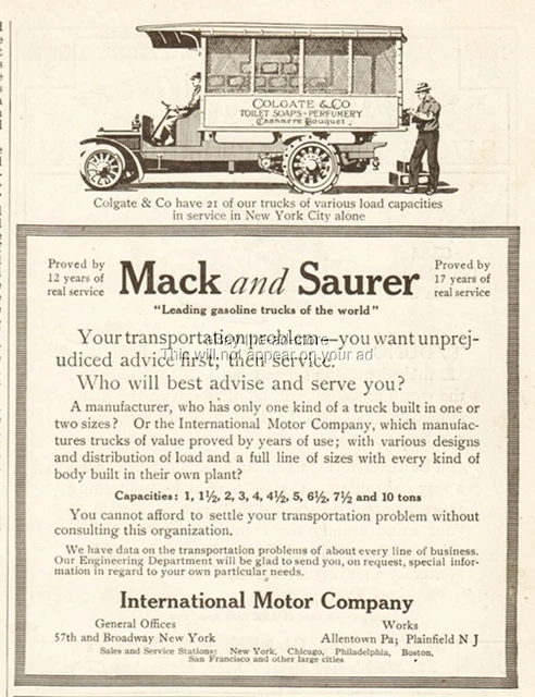 1912 Mack and Saurer Truck International Motor Plainfield NJ Allentown Pa Ad