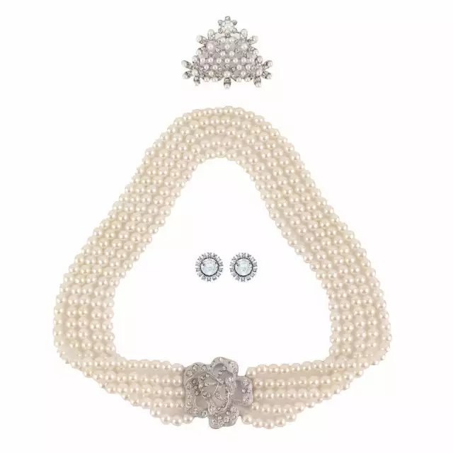 Women Jewelry Set Pearl Necklace Tiara Silver Earrings Party Costume Accessories