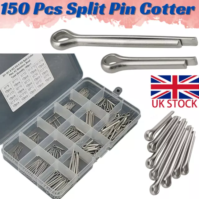 150Pcs Cotter Pins Assorted Set Split Pins Stainless Steel A2 Grade 304 Box