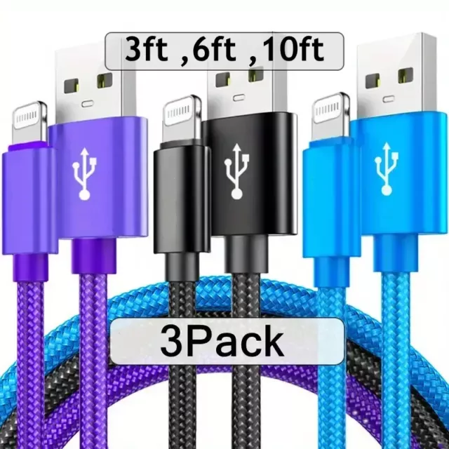 3-Pack Nylon Braided Cables for iPhone 14/13/12/Pro Max/X/XR/XS/8/7/6s