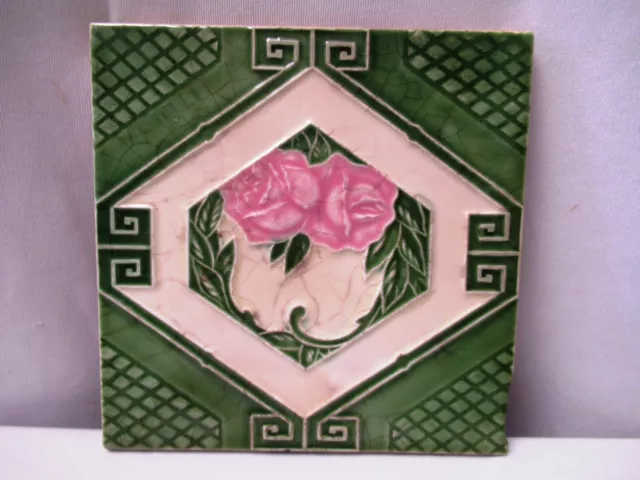 Antique Tile Majolica Art Nouveau Japan Floral Rose Green Geometric Design "701 3