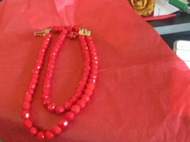 Vintage Cherry Red Faceted Czech Glass Crystal Beaded Choker Necklace 2 strand