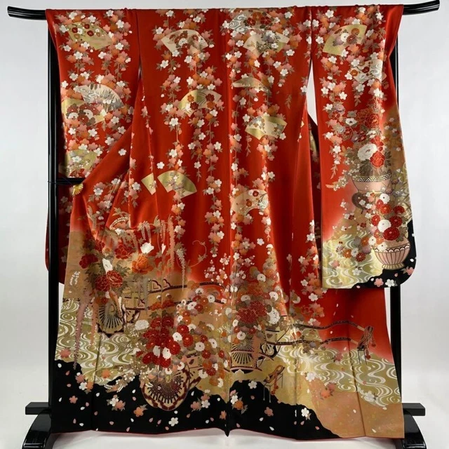 Woman Japanese Kimono Furisode Silk Flower Cart Stream Gold Foil Vermilion