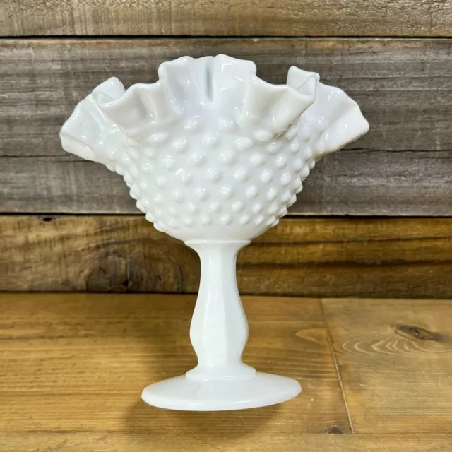 VintageFenton White Milk Glass Hobnail Ruffled Top Pedestal Candy Dish