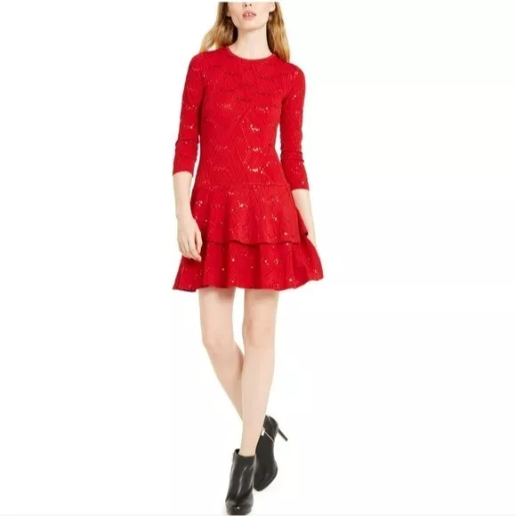 Michael Kors Womens Red Sequin Flounce Party Valentines Holiday Dress Size Large