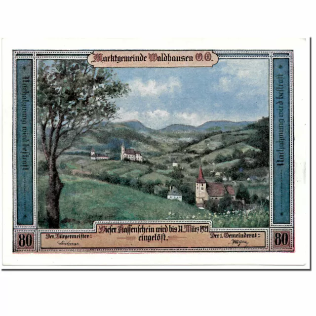 [#364307] Banknote, Austria, Waldhausen, 80 Heller, paysage, 1921, UNC(63), Mehl