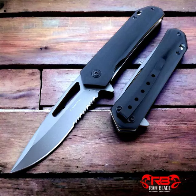 7.8" BLACK WOOD HANDLE TACTICAL Spring Assisted Folding Open Blade Pocket Knife