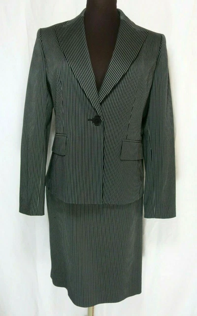 Anne Klein Nero Grigio Gessato Gonna Abito Cotone Poly Misto Fodera Stretch 10P