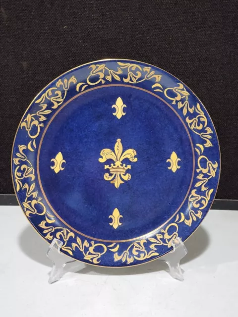 Vtg Fleur de Lis Hand-Painted Plate Andrea by Sadek Blue/Gold Decorative 10”