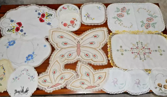 15 Stunning Vintage Embroidered Doilies-BULK LOT