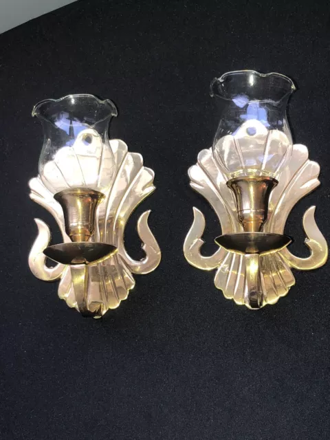 Pair Of Solid Brass Candle Holders Wall Mount W/Glass Inserts 6"×4" India