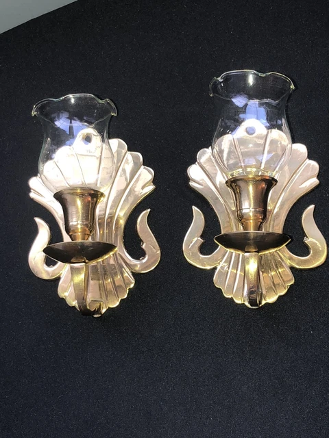 Pair Of Solid Brass Candle Holders Wall Mount W/Glass Inserts 6"×4" India