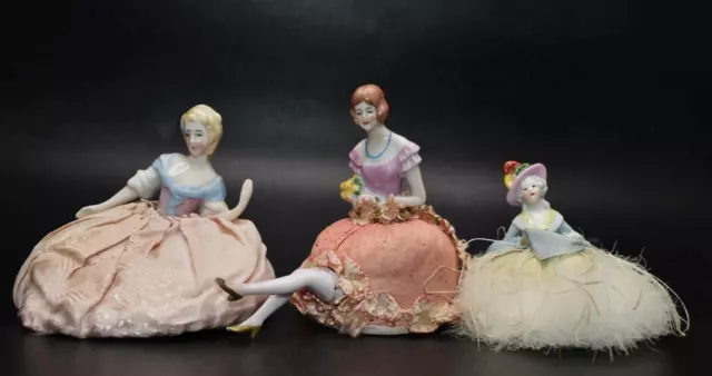 3no. Antique German Porcelain Half Dolls - Pincushion Bases Largest 4 and 1/4"