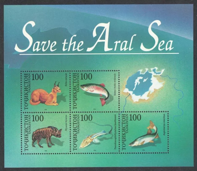 Tayikistán Animals Fish - Save the Aral Sea Como Nuevo 1996 Estampillada sin montar o nunca montada sg#ms89 mi#Bloque 8