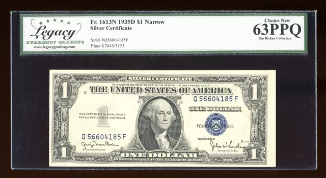 DBR 1935-D $1 Silver Fr. 1613N Narrow QF Block Legacy 63 PPQ Serial Q56604185F