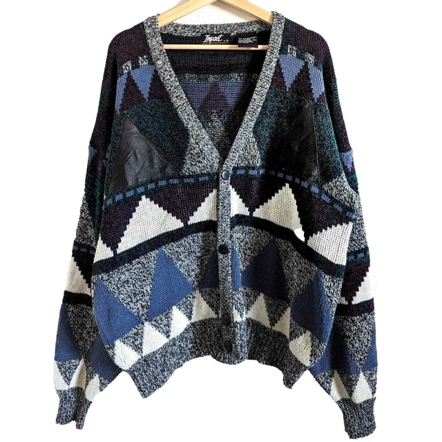 Vintage Grandpa Cosby Geometric Leather 80's Crewneck Cardigan Sweater Men's L