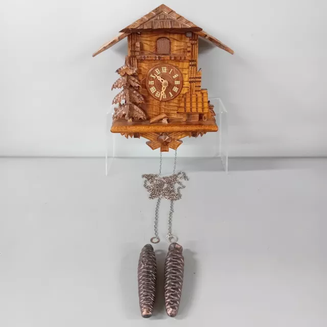 German Cuckoo Clock Wooden Acorn Weights Roman Numerals Tree 24.5 cm Vintage -CP