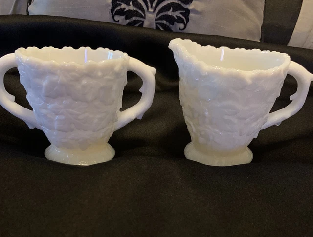 Vintage Westmoreland Bramble Maple Leaf White Milk Glass Cream Sugar Set,1946-80