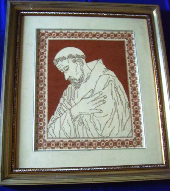 Quadro SAN FRANCESCO ricamato a mano punto Assisi Croce francescano anni '70