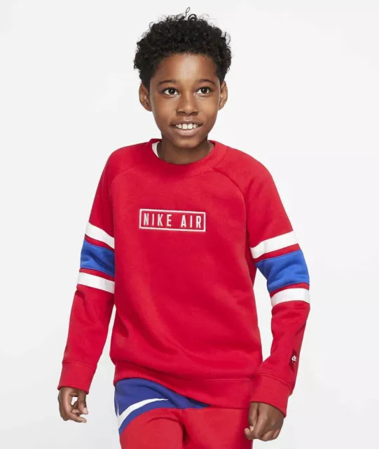 Boys Nike AIR Premium Sweatshirt Top Crew Neck Jumper Red Blue White Kids Junior