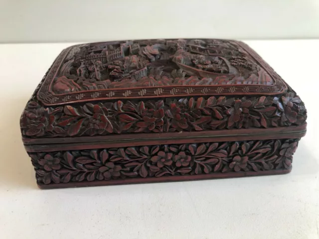 Antique Chinese Detail Hand Carved Red Cinnabar Lacquer Box, 5 1/2" x 4" x 2" H