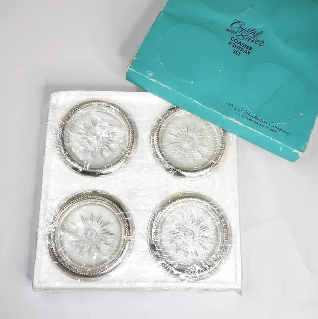Vtg W&S Blackinton Crystal And Silver Coaster Ashtray Set X4 New In Original Box