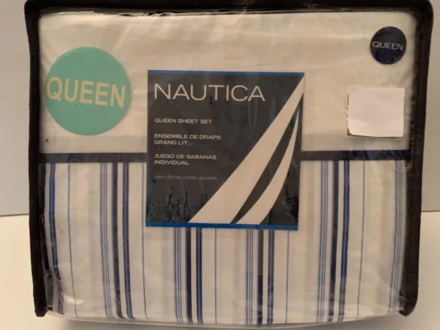 NEW Nautica 100% Cotton QUEEN Sheet Set 4pc Blue White Stripes NIP