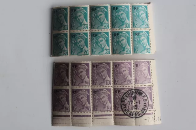 Timbres France mercure 40c et 50c blocs x10 surcharge 1944 neufs (52392)