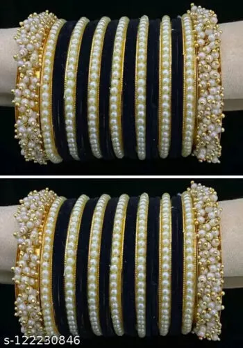 48Pieces Schwarze Farbe Kundan Perlen Glas Samt Armreif Set Girl / Damen Schmuck