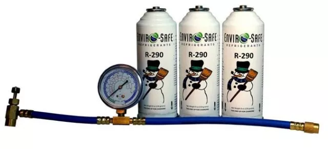 R290, "HC"  Modern Refrigerant Enviro-Safe Three Can Recharge Kit with Gauge