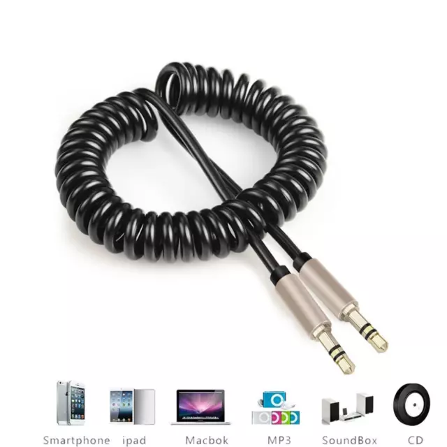AUX CABLE Stereo Jack Coiled 3.5mm Lead Male Audio Gold Plated 1m