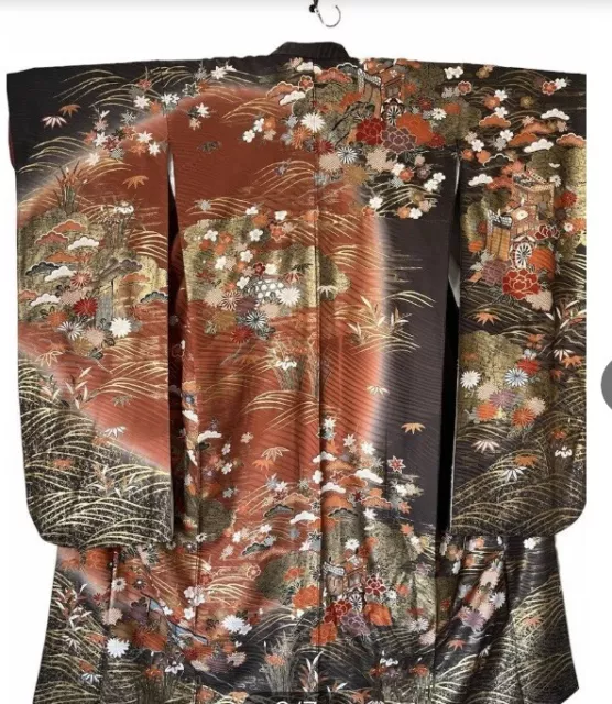 Japanese kimono  FURISODE,FUKURO OBI,obiage,obijime.4set.black gold.silk100%. 2